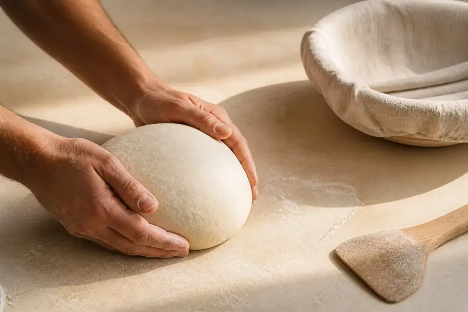 Manos dando forma a una masa de pan sobre una mesa enharinada